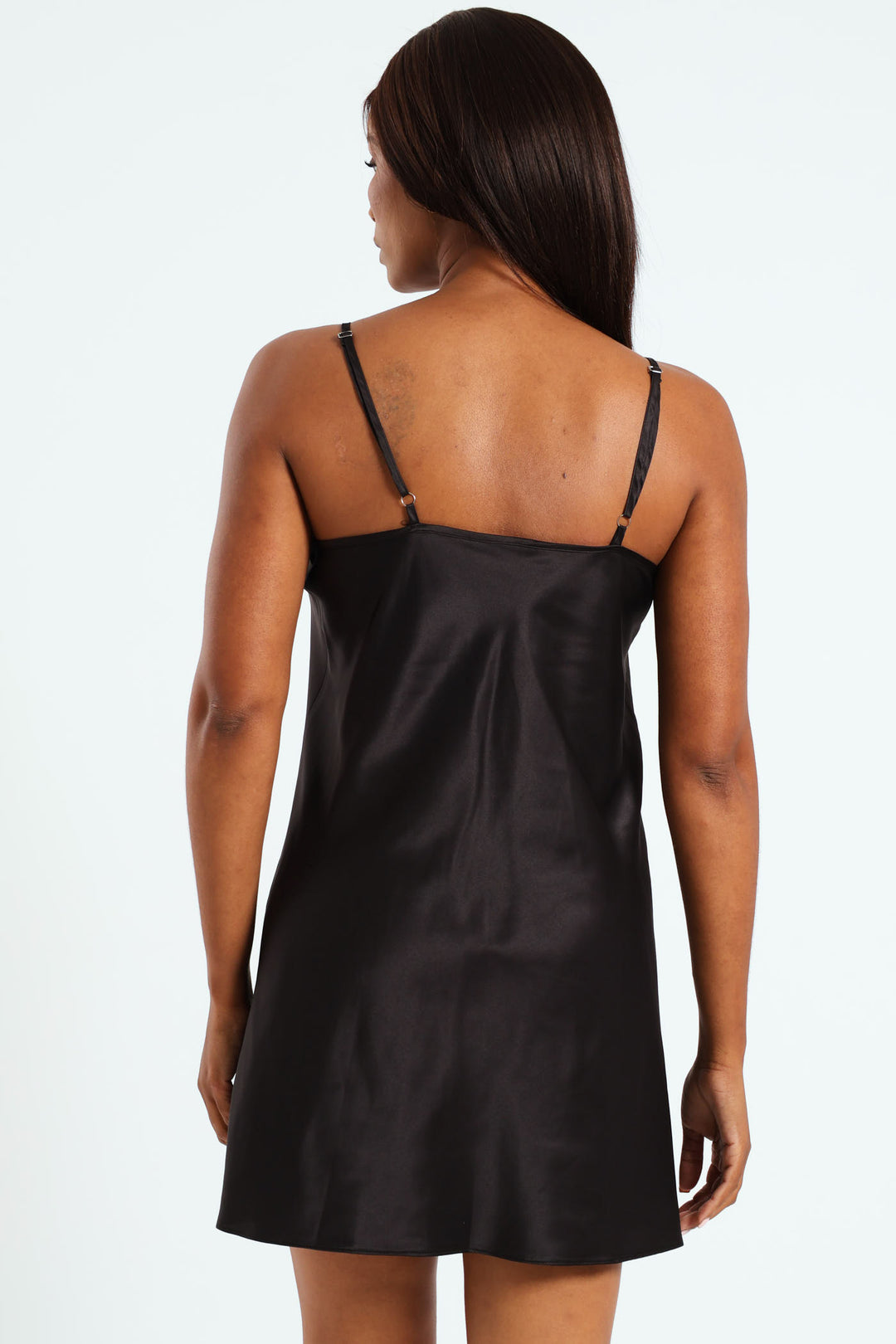 Satin Chemise With Lace Slit Detail - Black