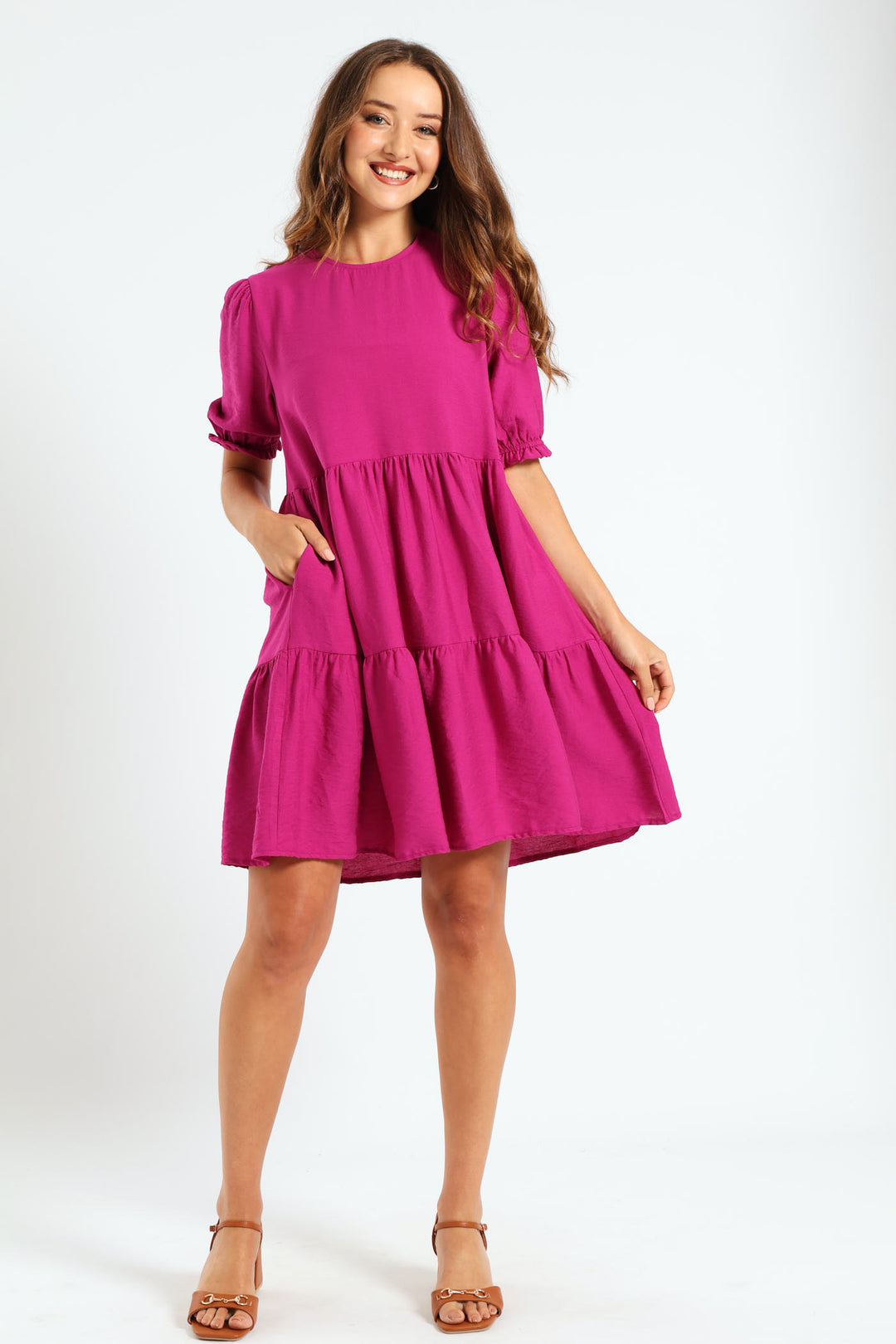 Puff Sleeve Tiered Flare Mini Dress - Magenta