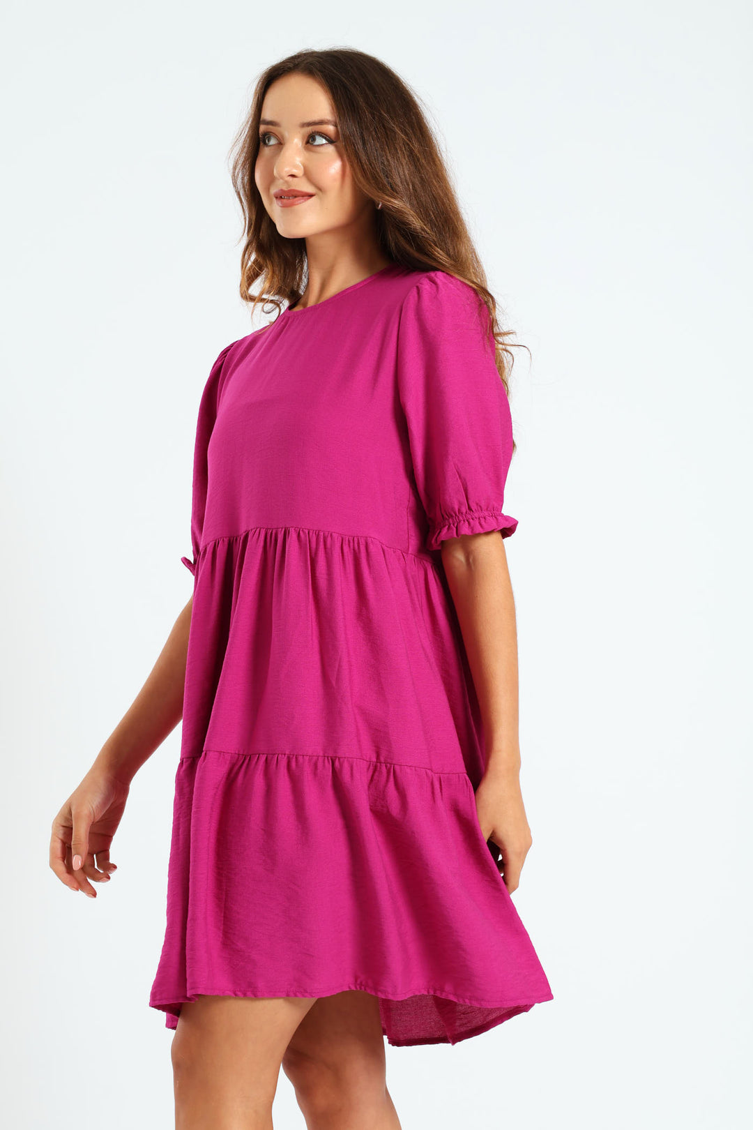 Puff Sleeve Tiered Flare Mini Dress - Magenta