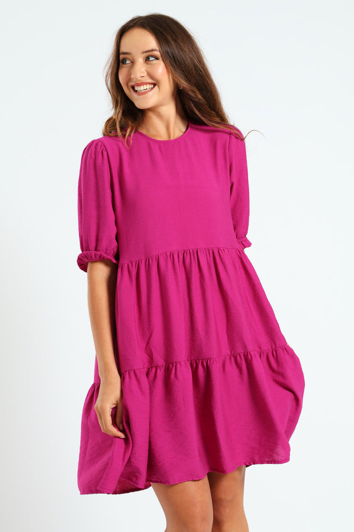 Puff Sleeve Tiered Flare Mini Dress - Magenta