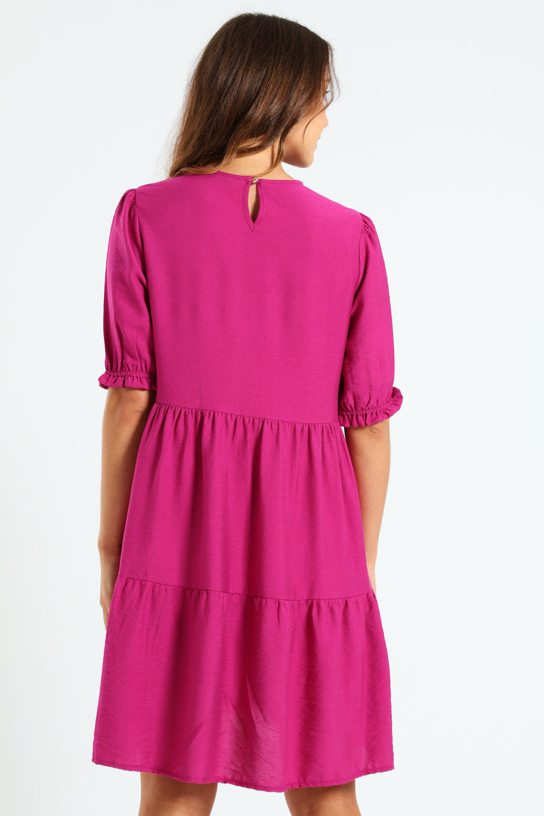 Puff Sleeve Tiered Flare Mini Dress - Magenta