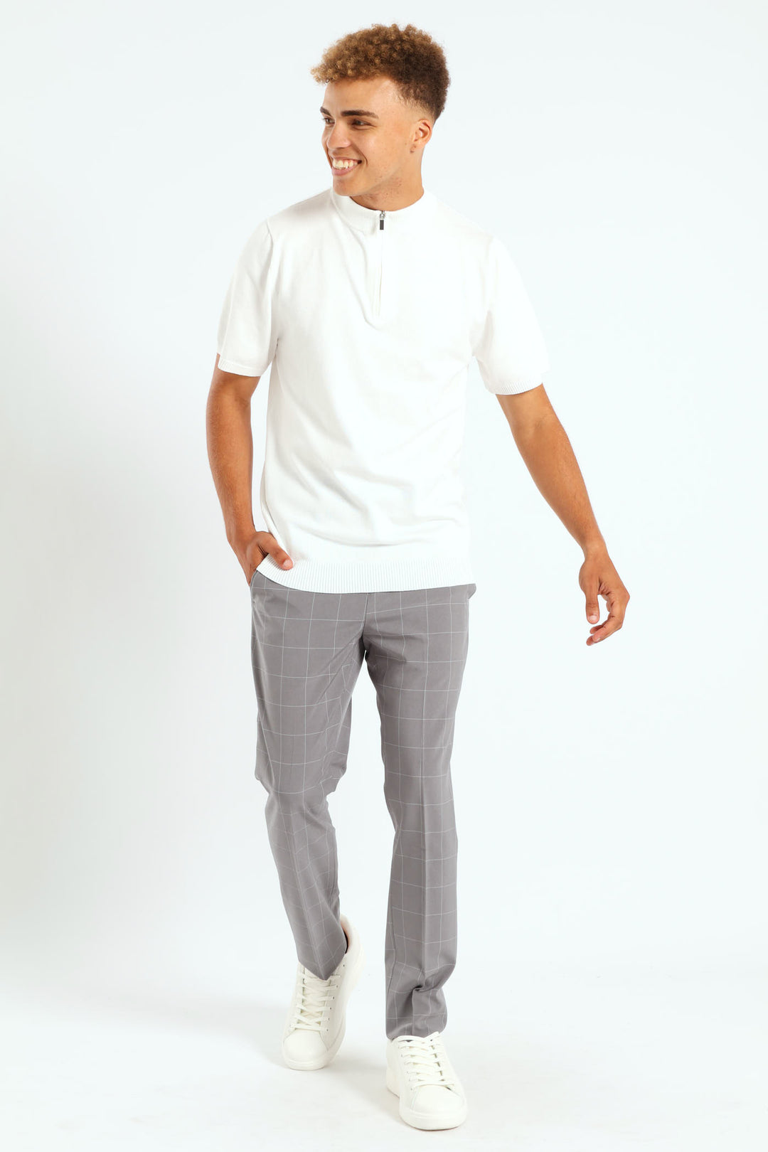 Quarter Zip Knit T-Shirt - Cream