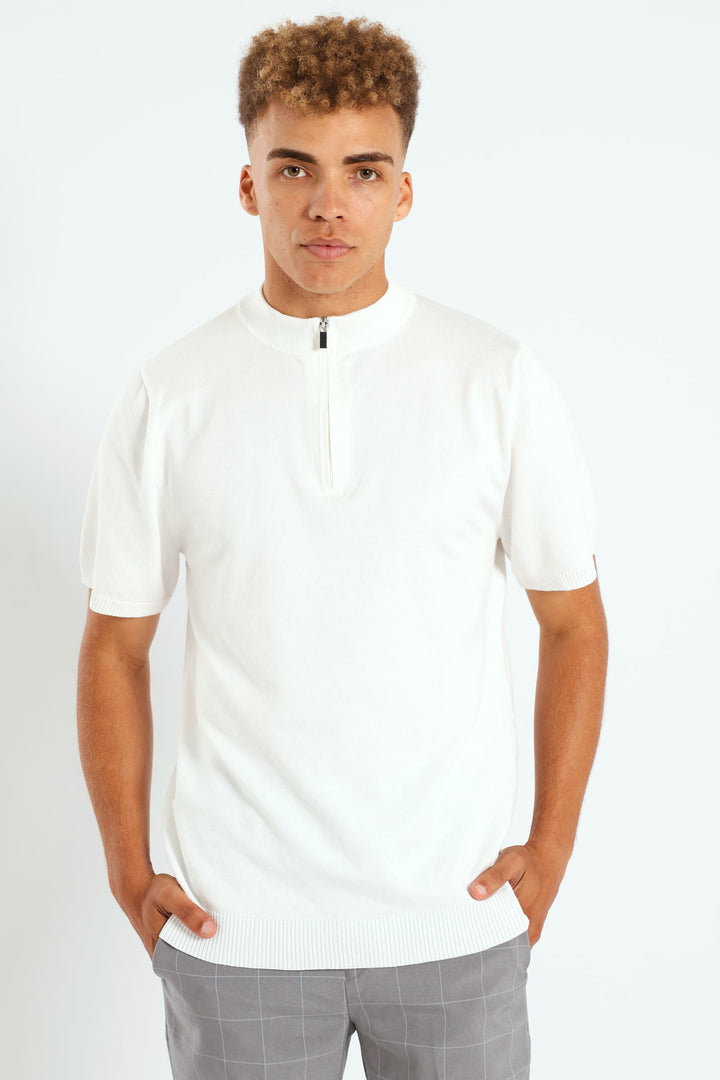 Quarter Zip Knit T-Shirt - Cream