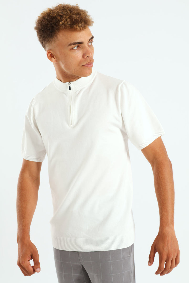 Quarter Zip Knit T-Shirt - Cream