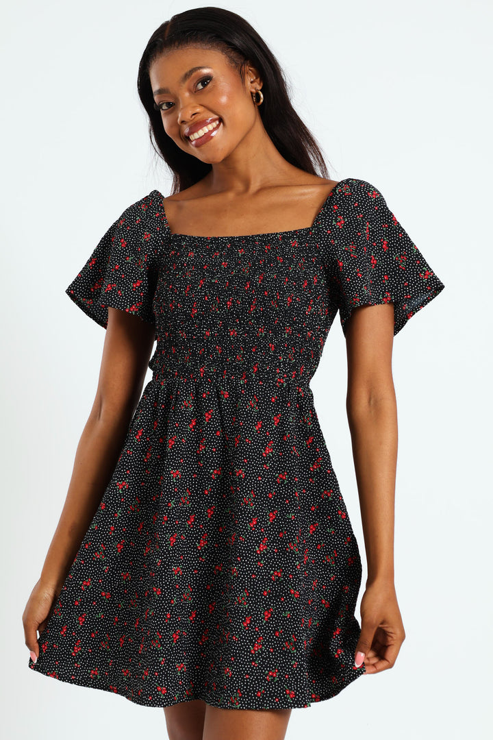 Floral Smock Mini Dress - Black