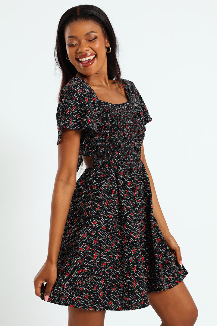 Floral Smock Mini Dress - Black