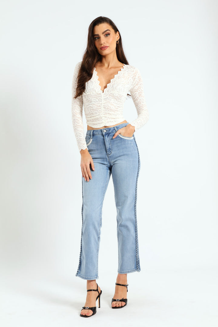 V-Neck Long Sleeve Top With Ruching - Off White