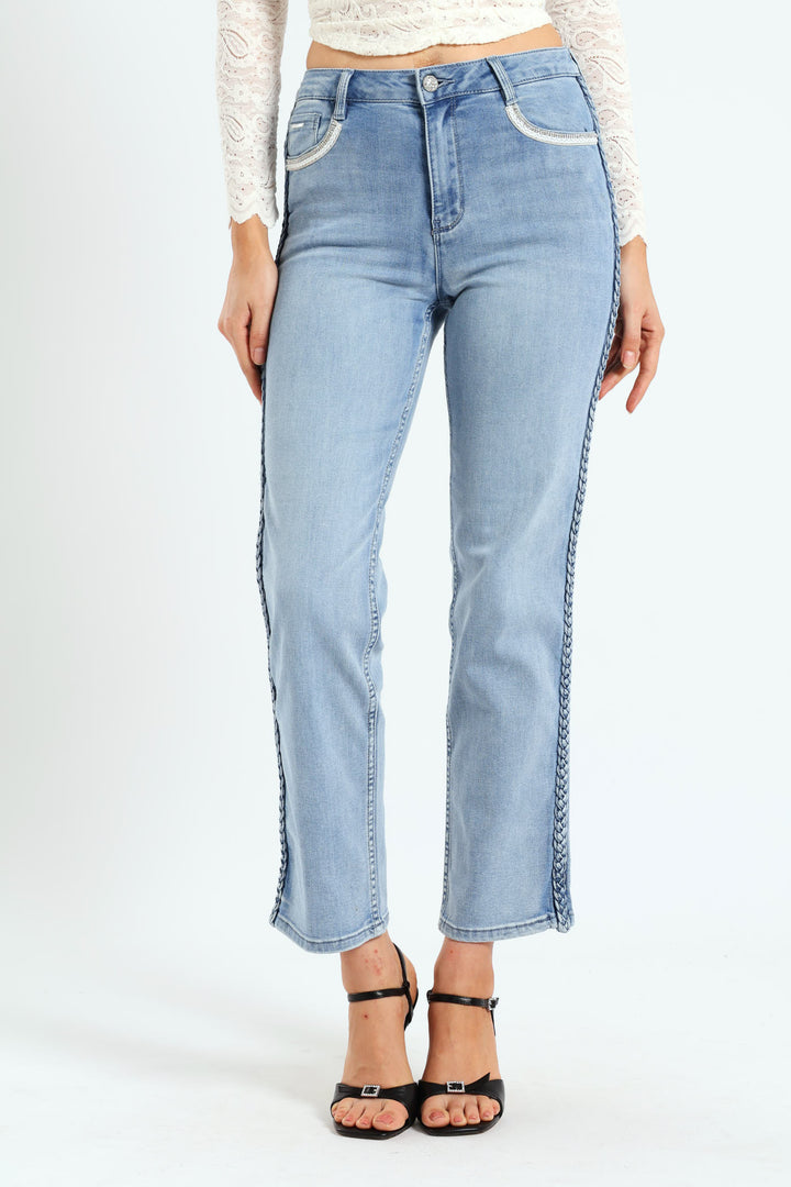 High Waist Straight Leg Jean With Braid Detail - Light Blue