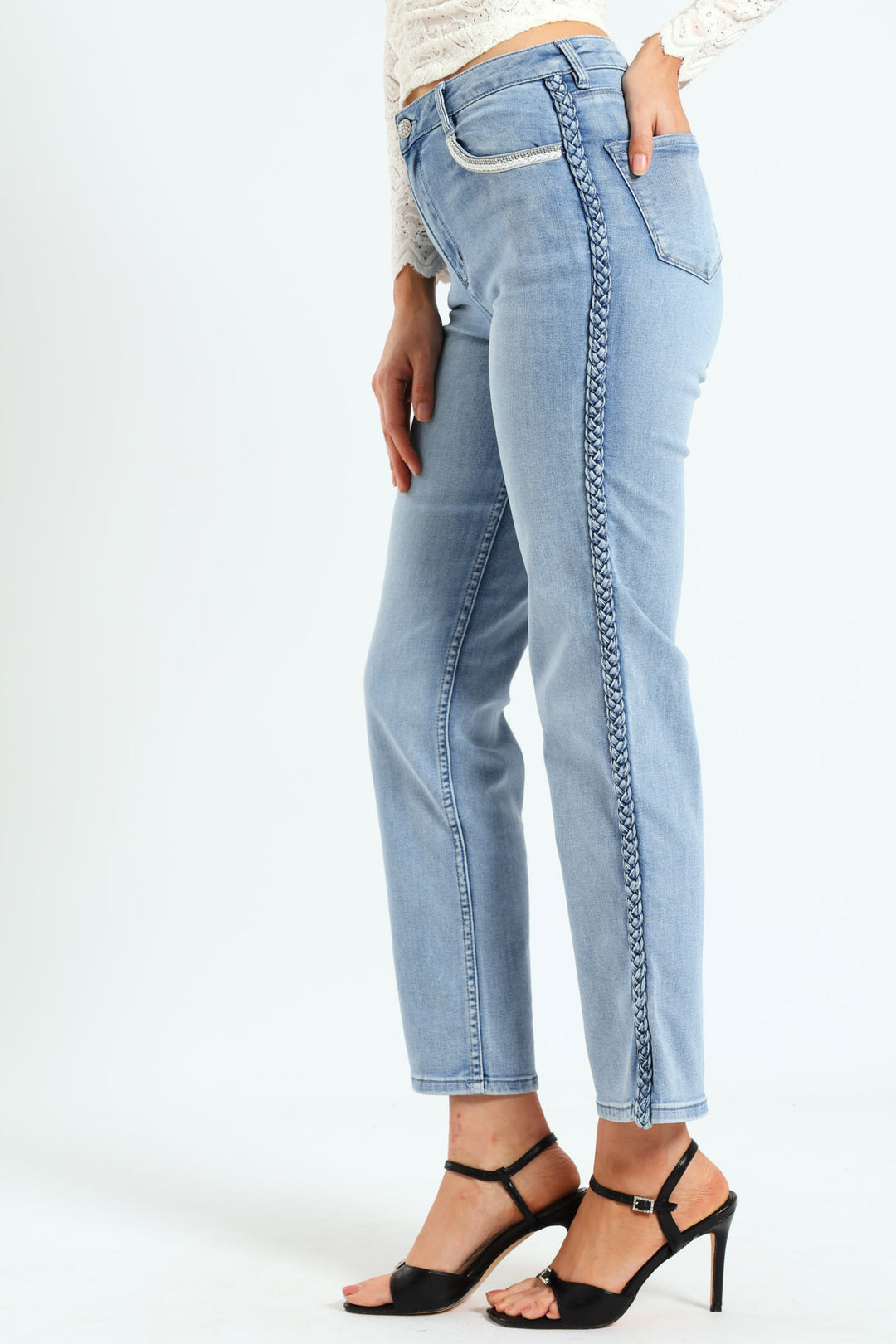 High Waist Straight Leg Jean With Braid Detail - Light Blue