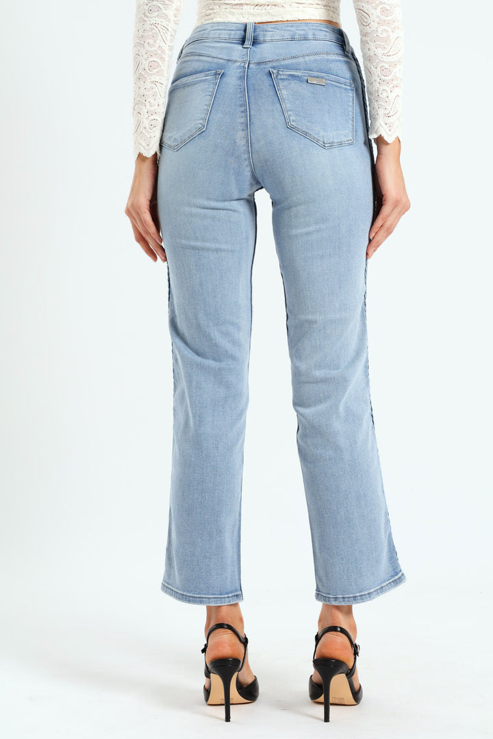 High Waist Straight Leg Jean With Braid Detail - Light Blue