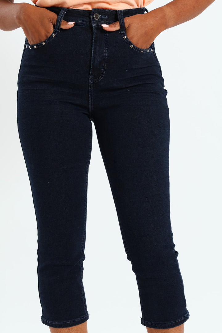 Star Embroidered Stud Pocket Detail Capri Denim - Dark Wash Ink