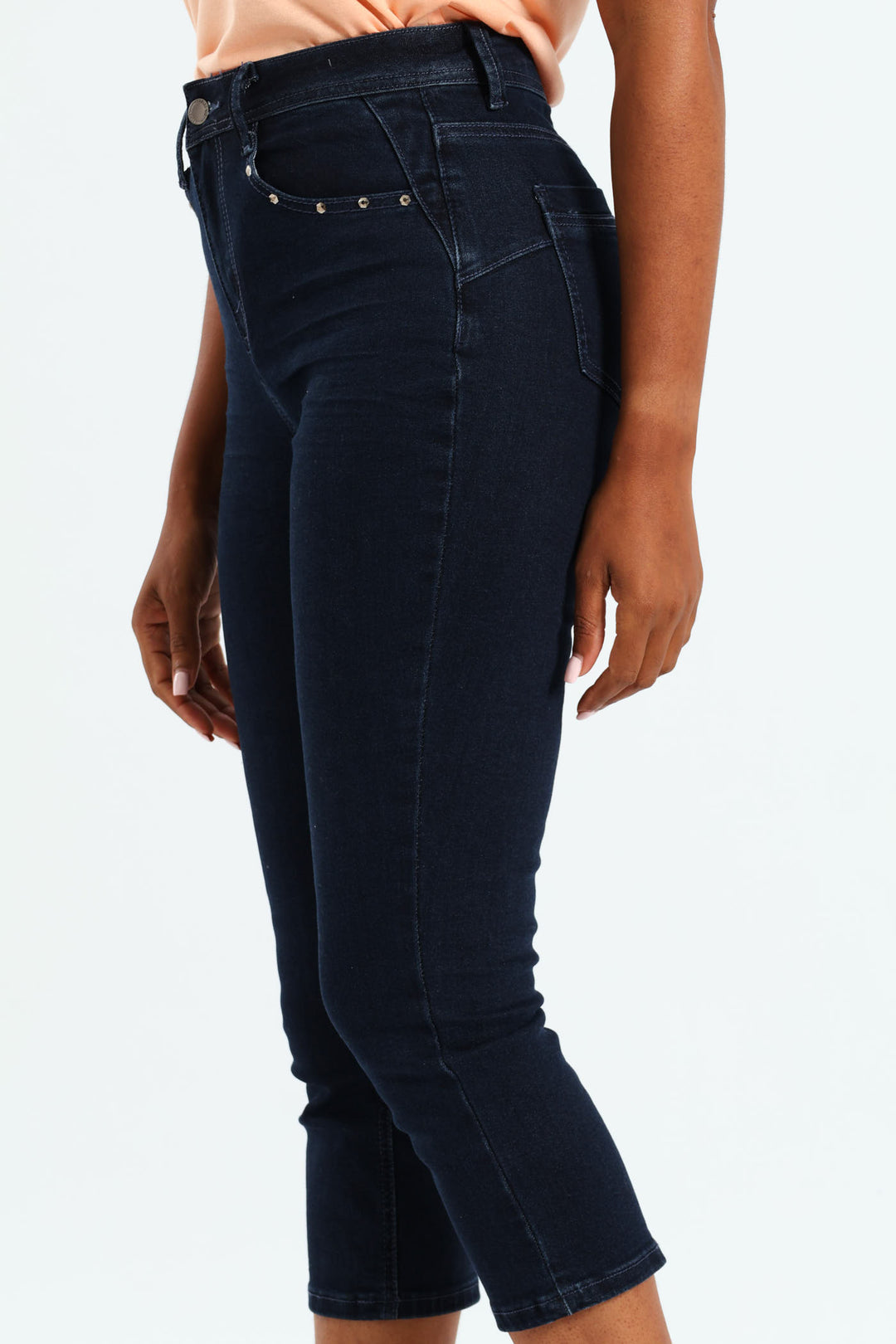 Star Embroidered Stud Pocket Detail Capri Denim - Dark Wash Ink