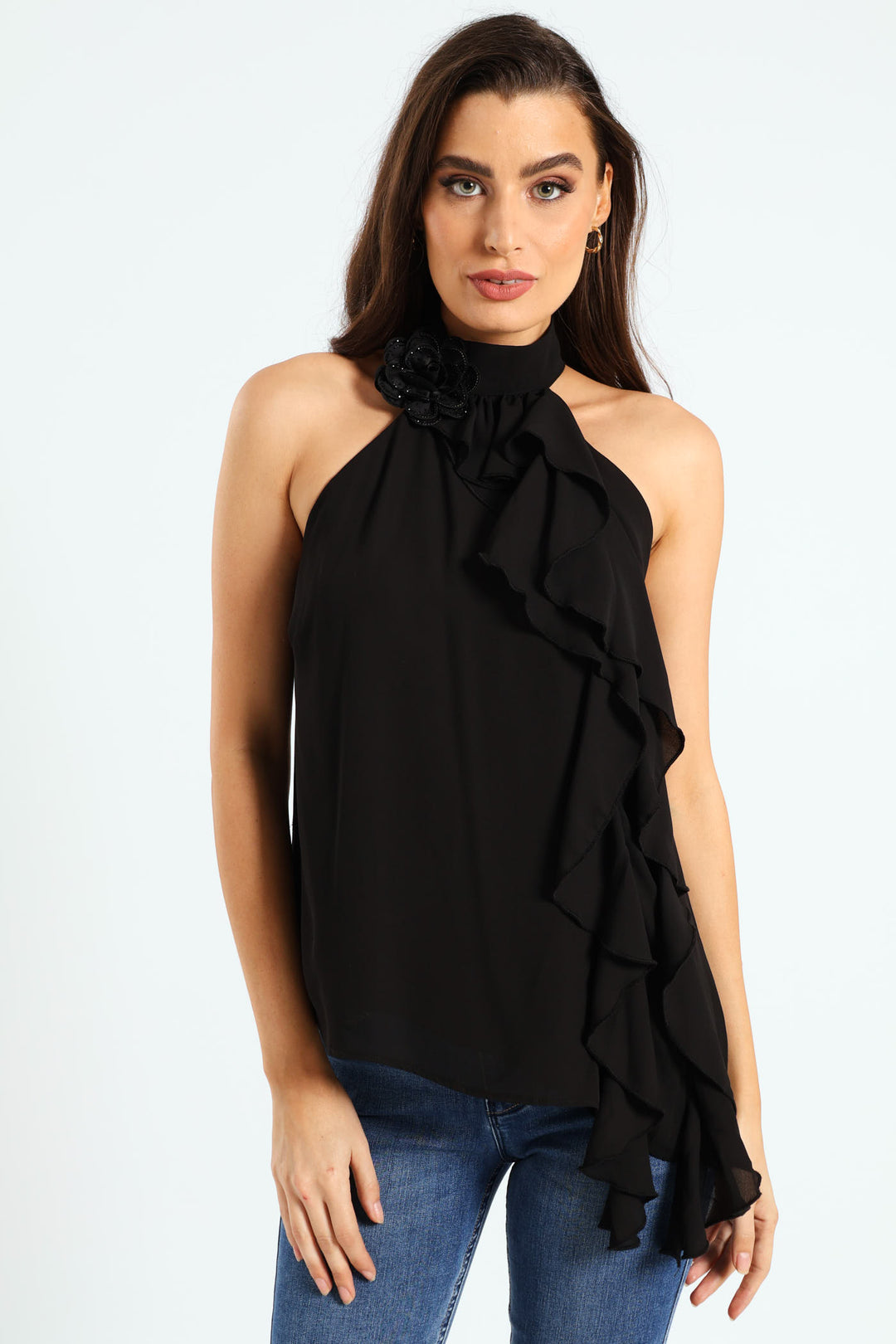 Ruffle Detail Halter Neck Top - Black