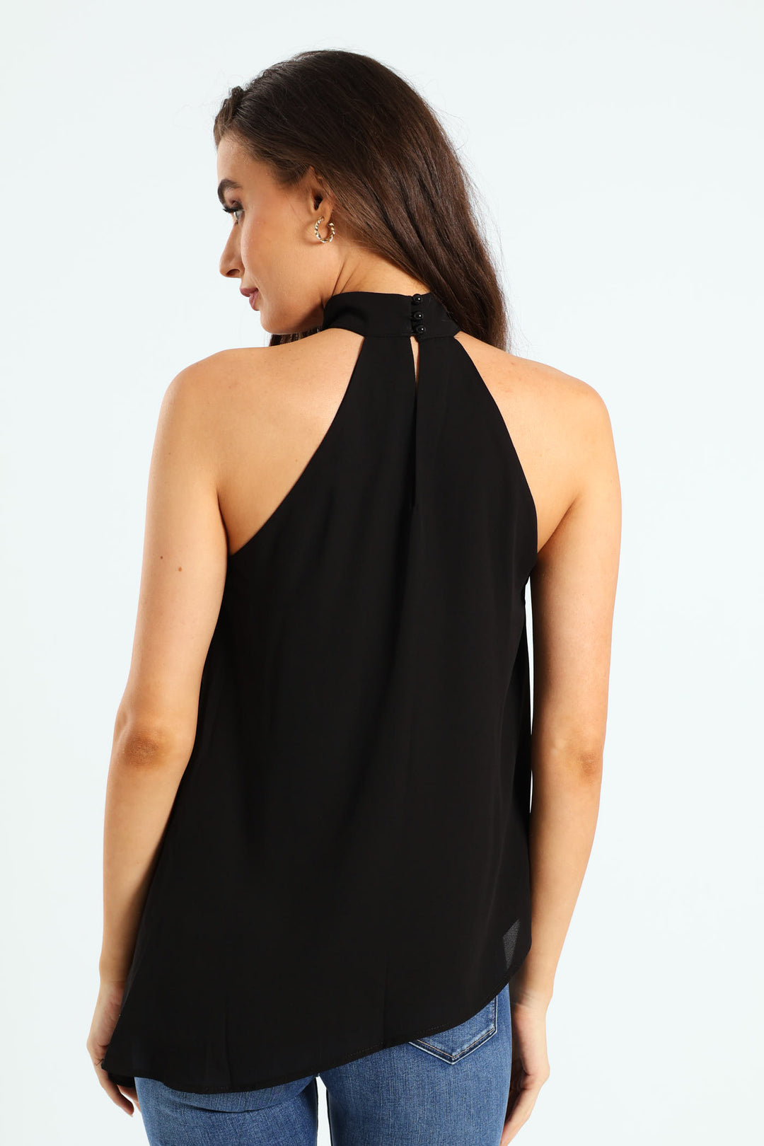 Ruffle Detail Halter Neck Top - Black