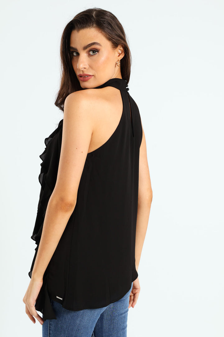 Ruffle Detail Halter Neck Top - Black