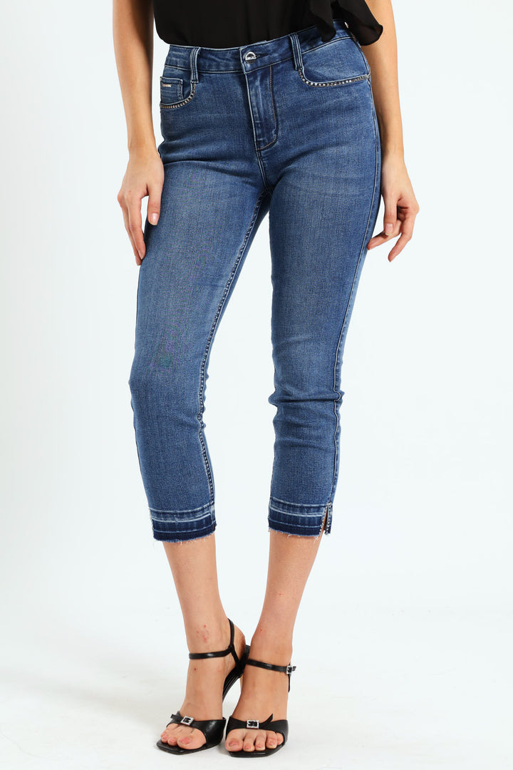 Mid-Waist Capri Denim With Unpicked Hem - Mid Blue