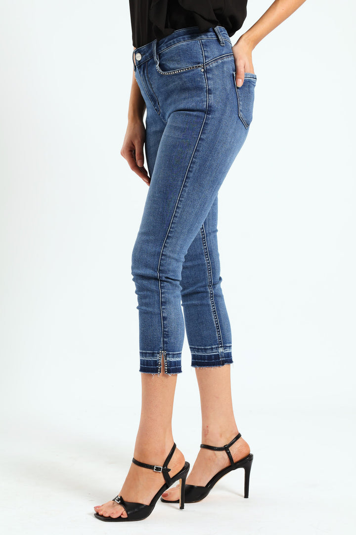 Mid-Waist Capri Denim With Unpicked Hem - Mid Blue