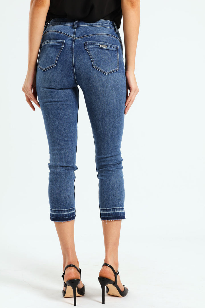 Mid-Waist Capri Denim With Unpicked Hem - Mid Blue