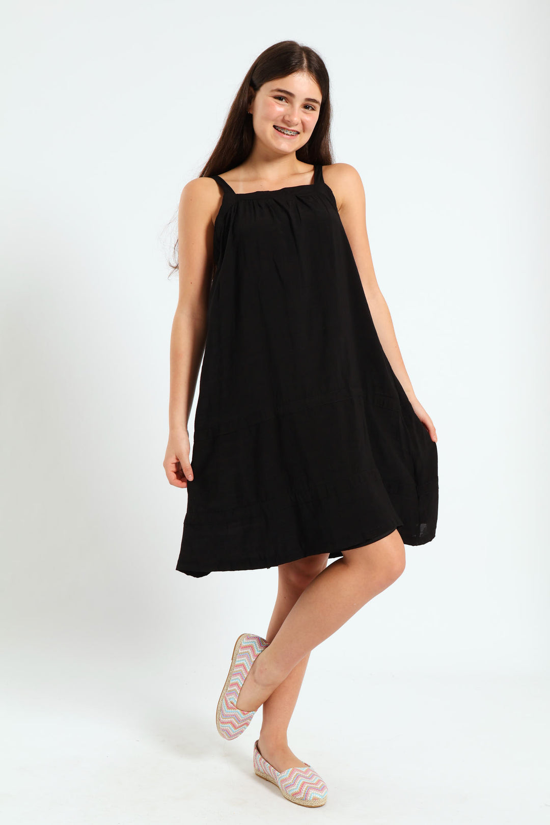 Girls Lined Stitched Airflow Dress - Black