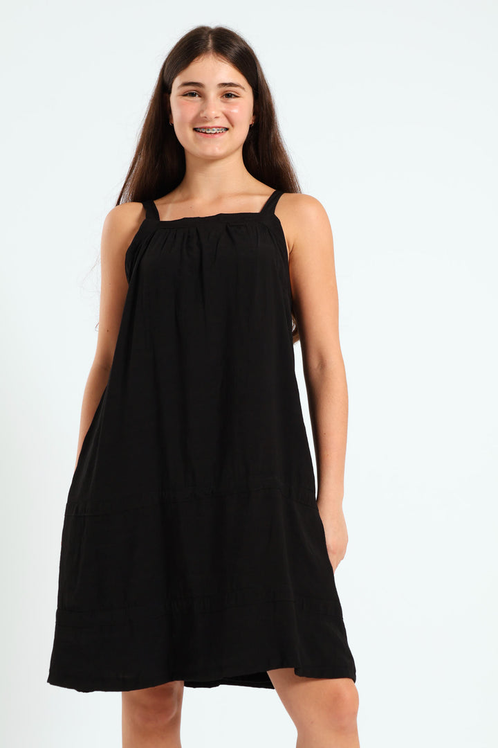 Girls Lined Stitched Airflow Dress - Black