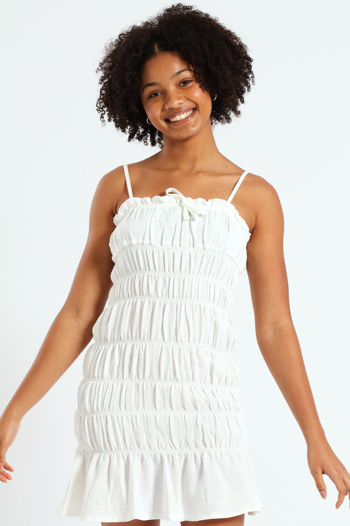 Girls Shirring Strappy Dress - White