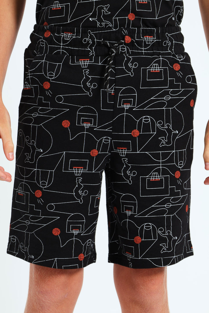 Boys Basketball Print Shorts - Black