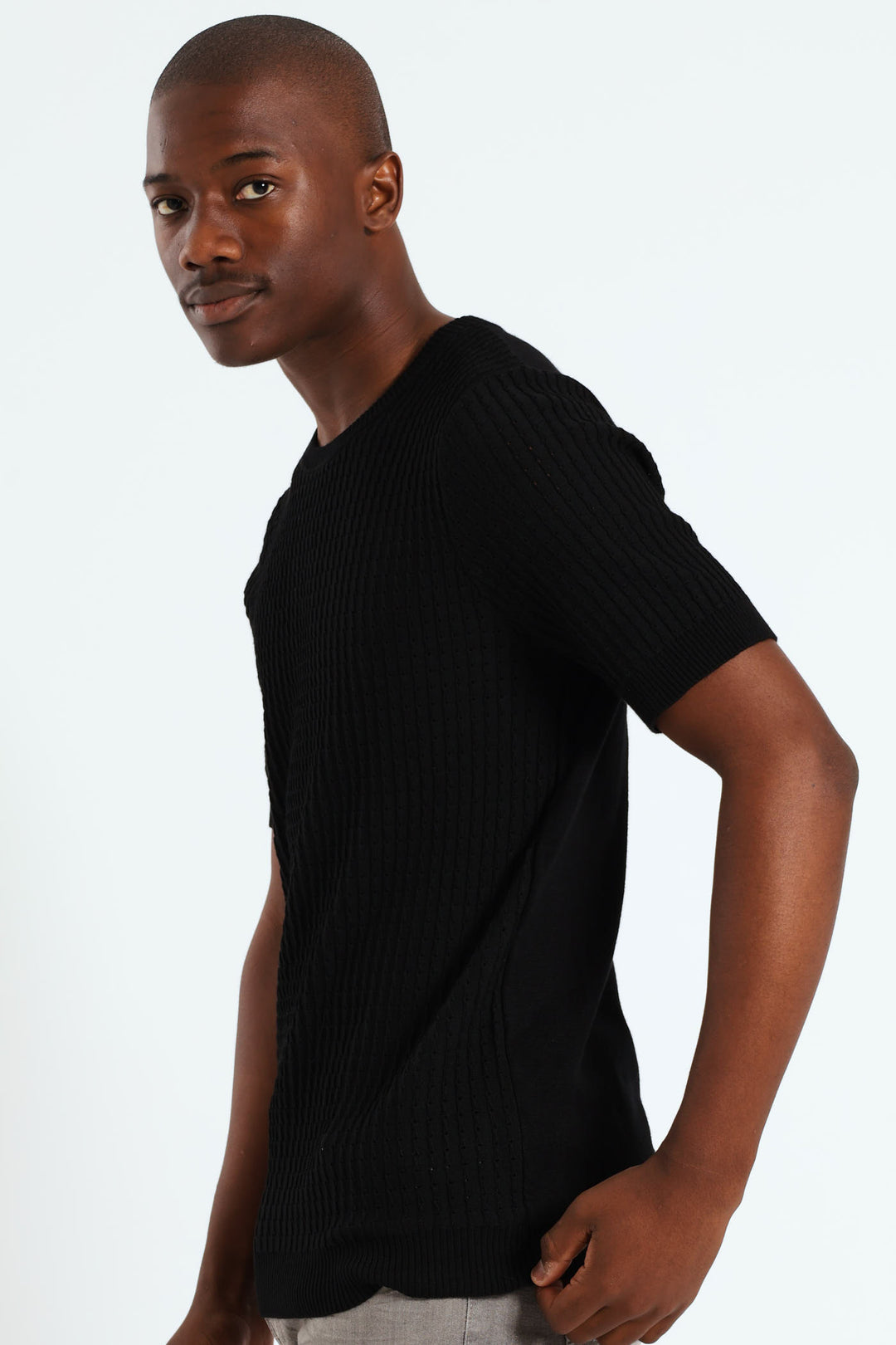 Brick Knit Fine Gauge Crew Tee - Black