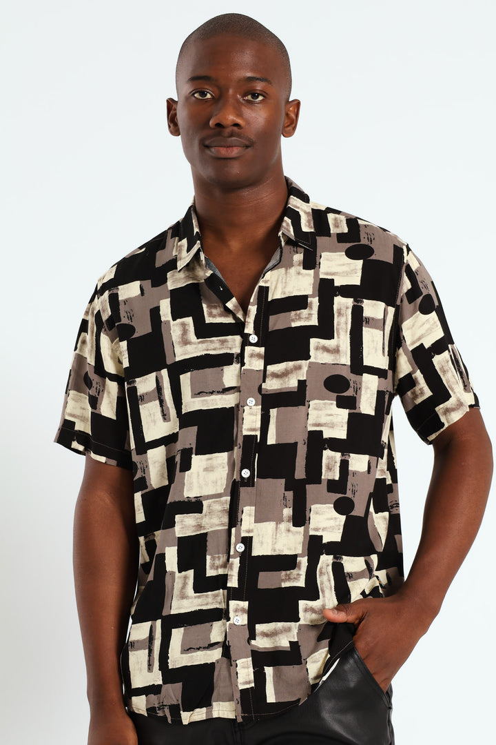 Viscose Geometic Print Shirt - Stone