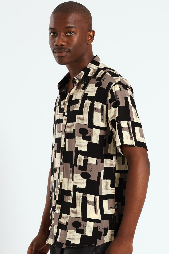 Viscose Geometic Print Shirt - Stone