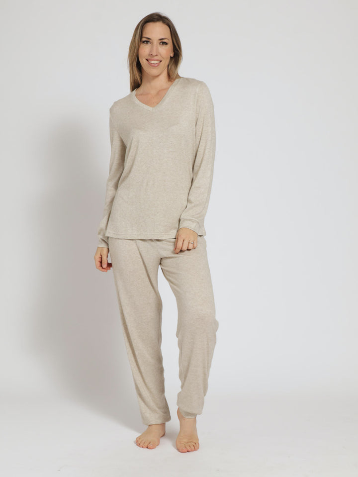 Long Sleeve Textured Knit Jogger Sleep Set - Oatmeal