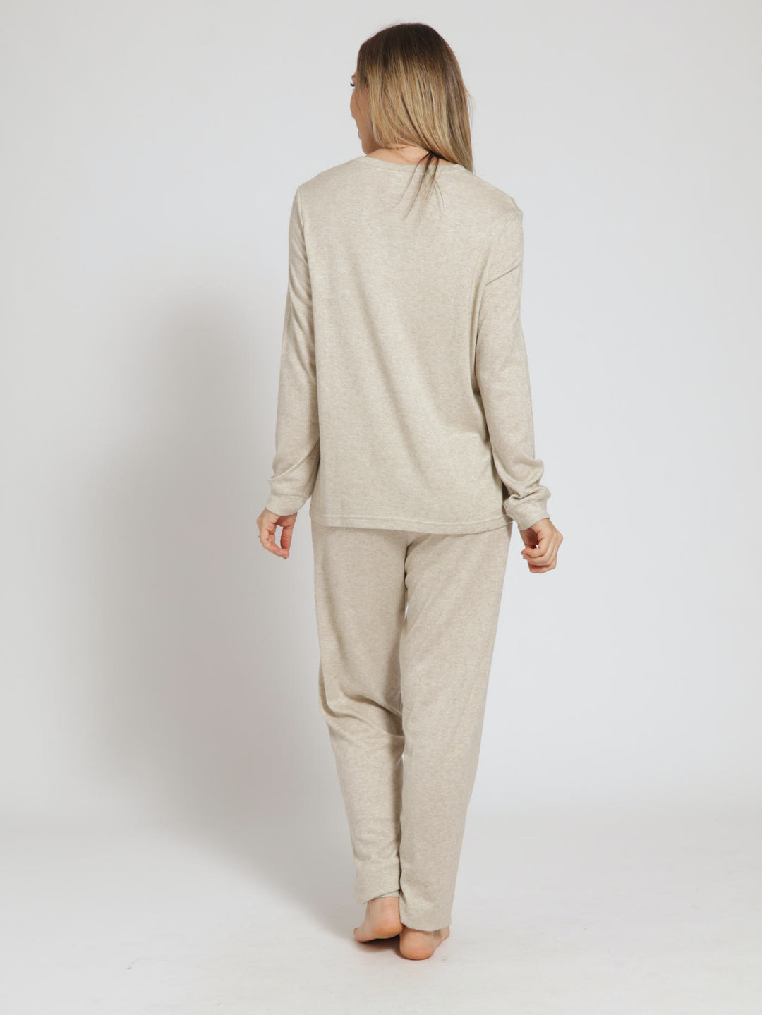 Long Sleeve Textured Knit Jogger Sleep Set - Oatmeal