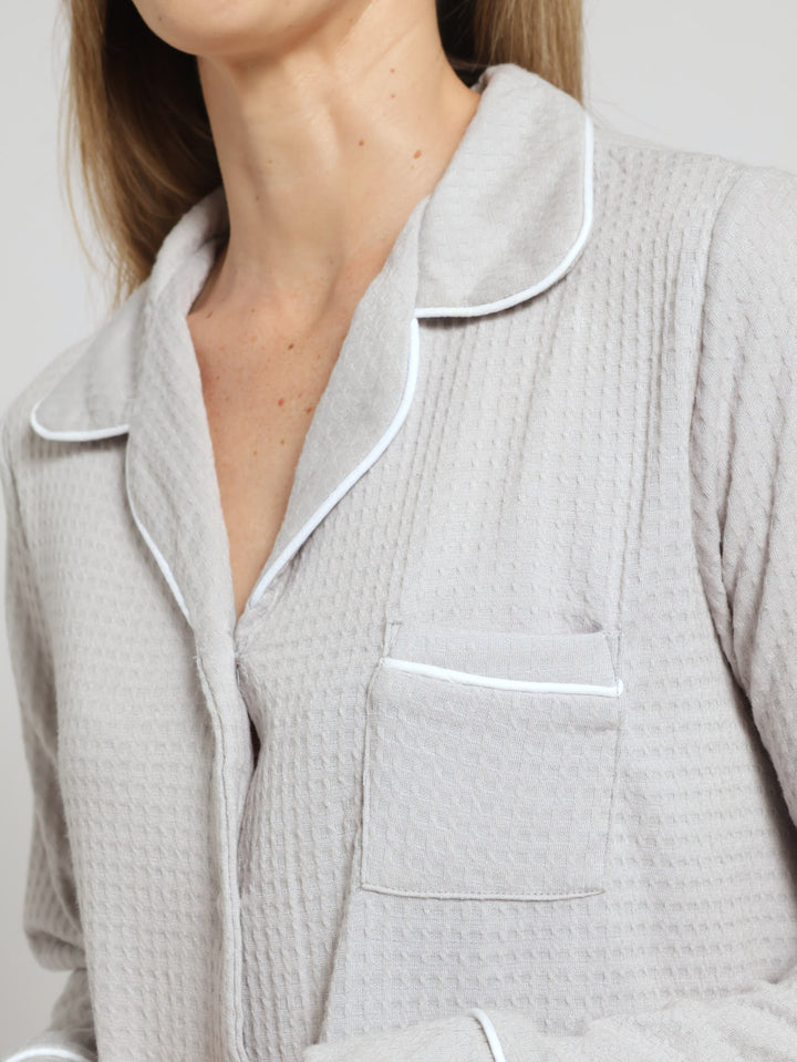 Long Sleeve Texture Button Though Sleep Shirt - Grey