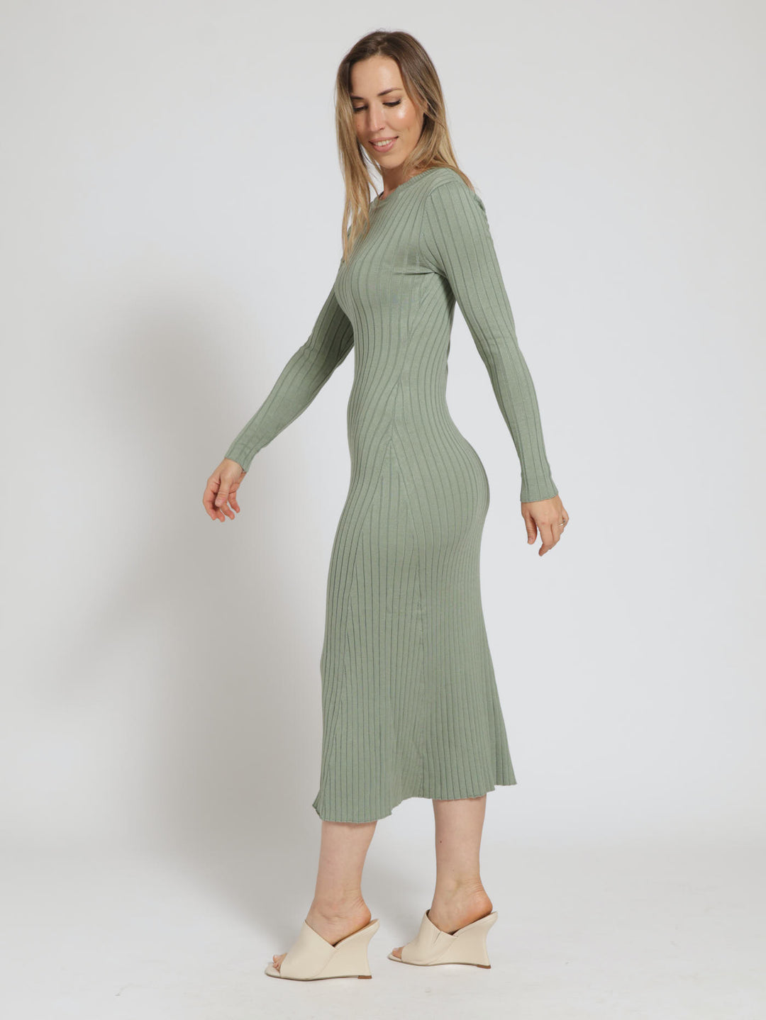 Long Sleeve Widerib Shift Jersey Maxi Dress - Sage