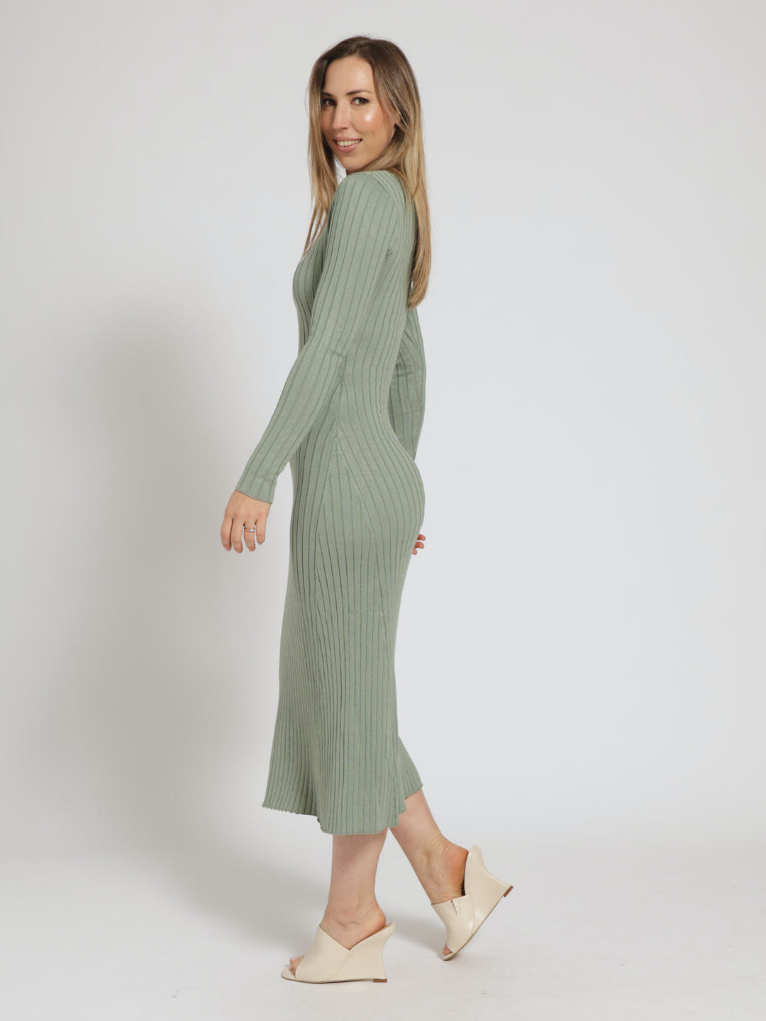 Long Sleeve Widerib Shift Jersey Maxi Dress - Sage