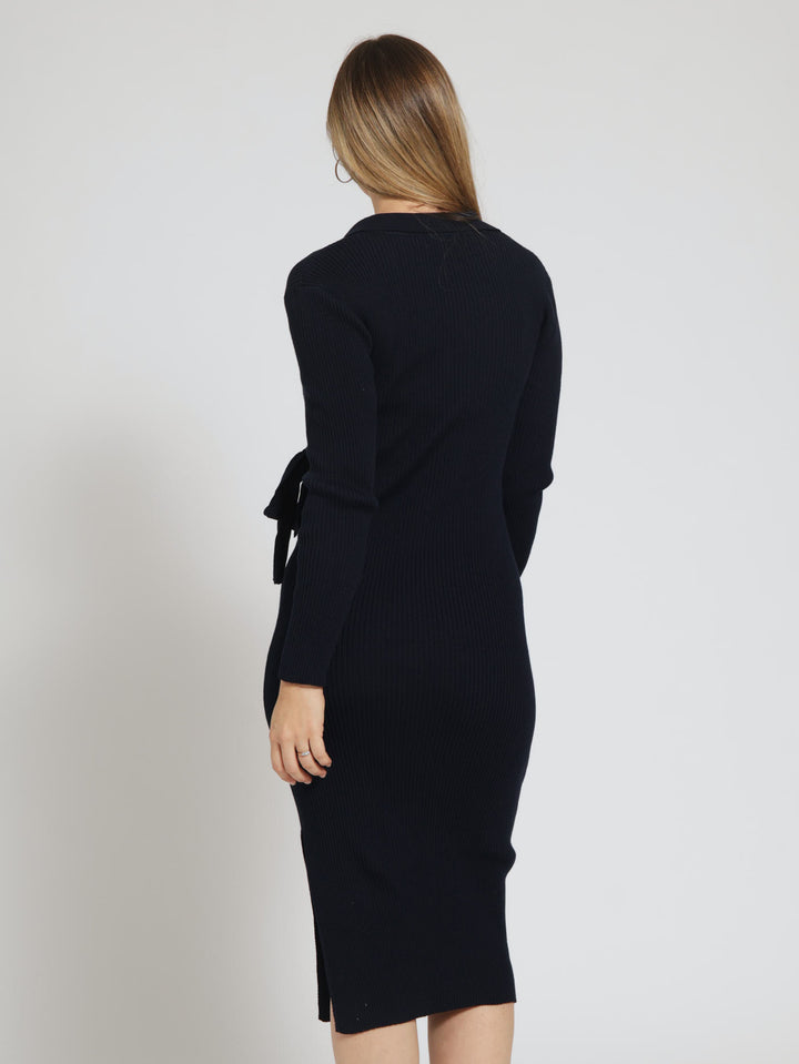 Wrap Buckle Knitwear Midi Dress - Navy