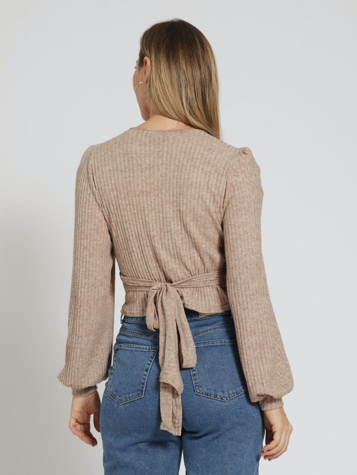 Long Sleeve Wrap Top With Lantern Sleeve - Taupe