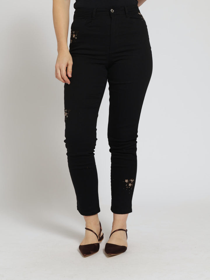 Floral Embroidered Detail Straightleg Denim Jean - Black