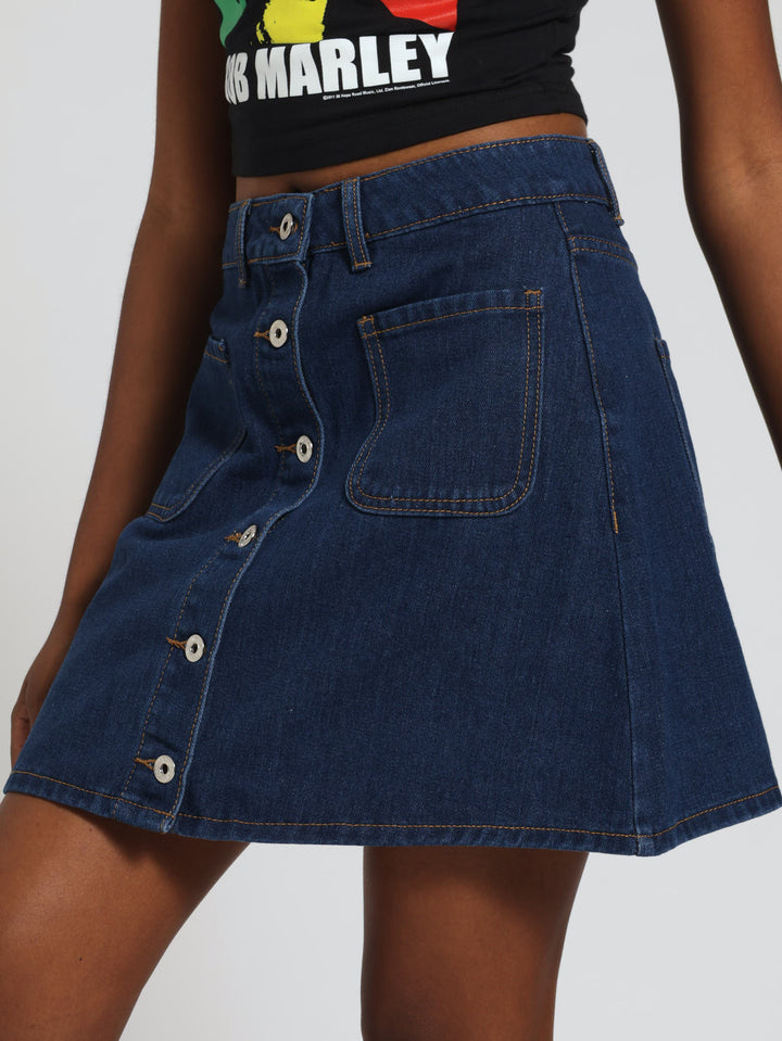 A-Line Denim Mini Skirt - Mid Blue