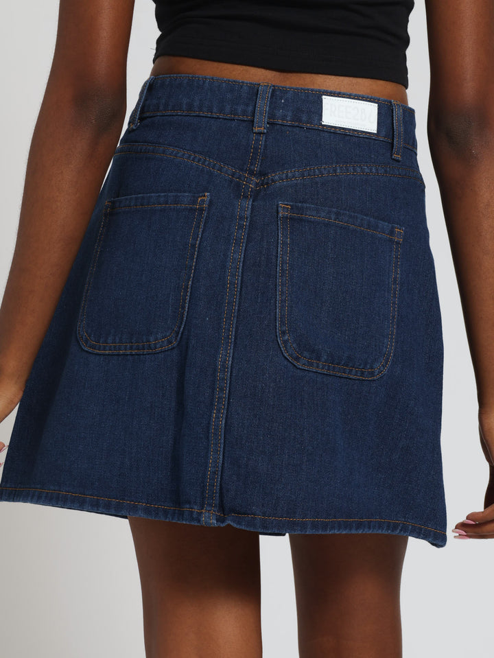 A-Line Denim Mini Skirt - Mid Blue