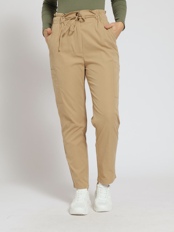 Twill Utility Paperbag Tapered Leg Pants - Mid Beige