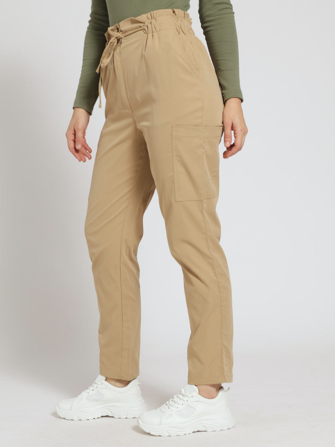 Twill Utility Paperbag Tapered Leg Pants - Mid Beige