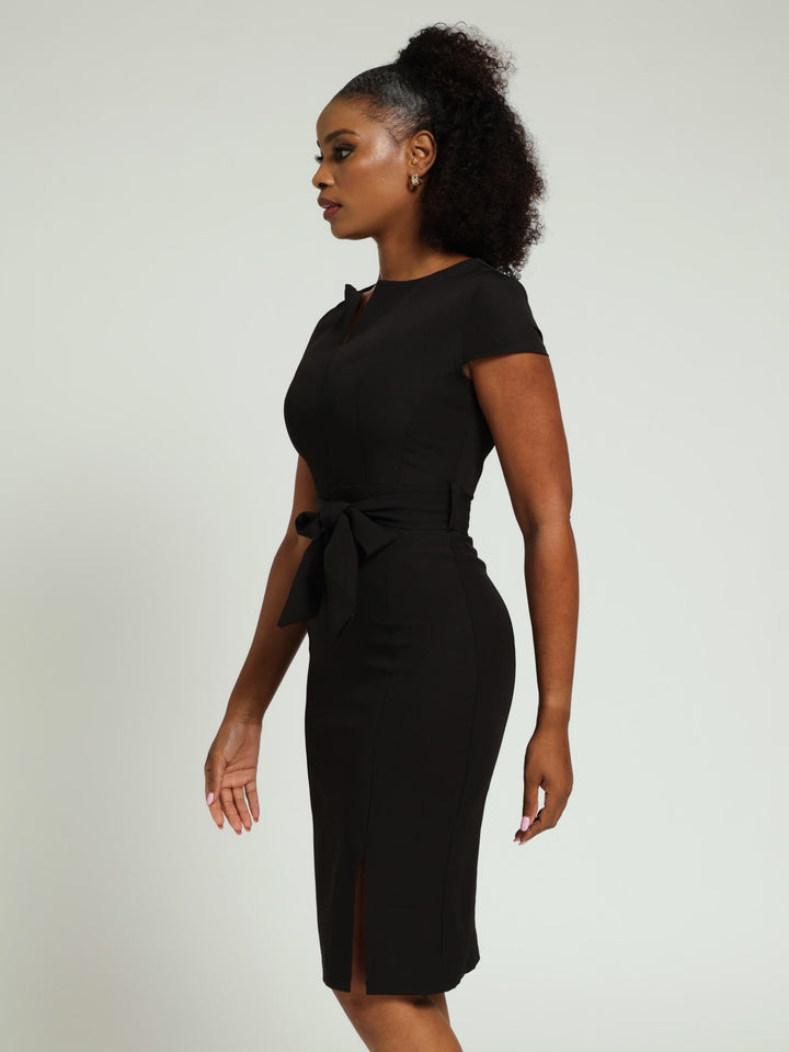 V-Neck Notch Cap Sleeve Pencil Dress - Black