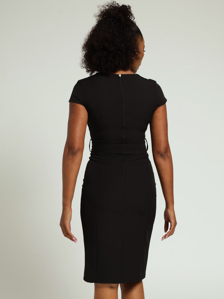 V-Neck Notch Cap Sleeve Pencil Dress - Black