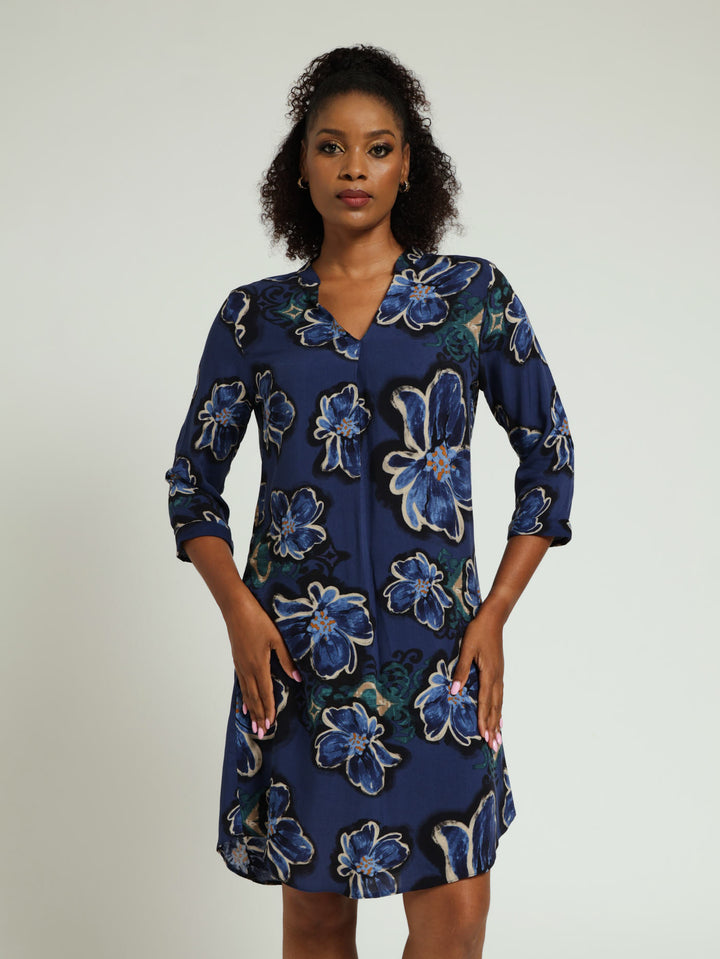 ¾ Sleeve Mandarin Pleated Front Shift Dress - Navy