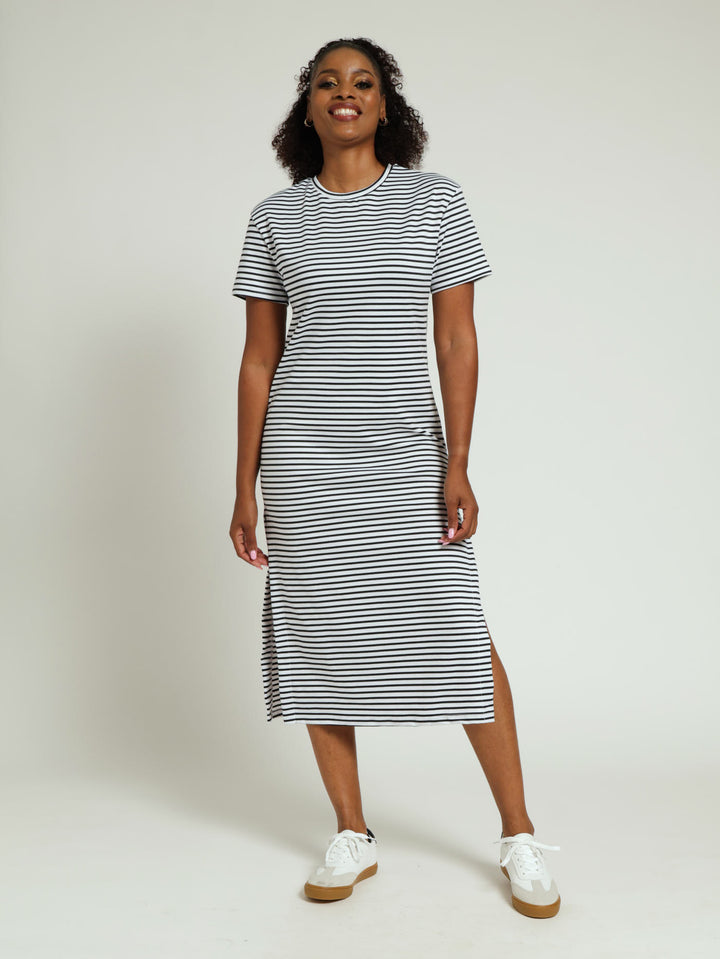 Striped Crewneck Tee Midi Dress - White/Navy