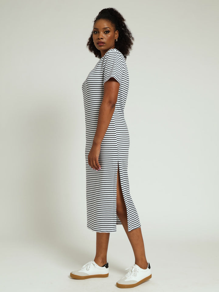 Striped Crewneck Tee Midi Dress - White/Navy