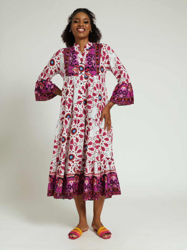 3/4 Sleeve Mosaic Floral Tent Maxi Dress With Border Print