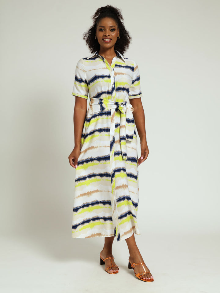 Fitted Belt Tie-Dye Shirt Maxi Dress