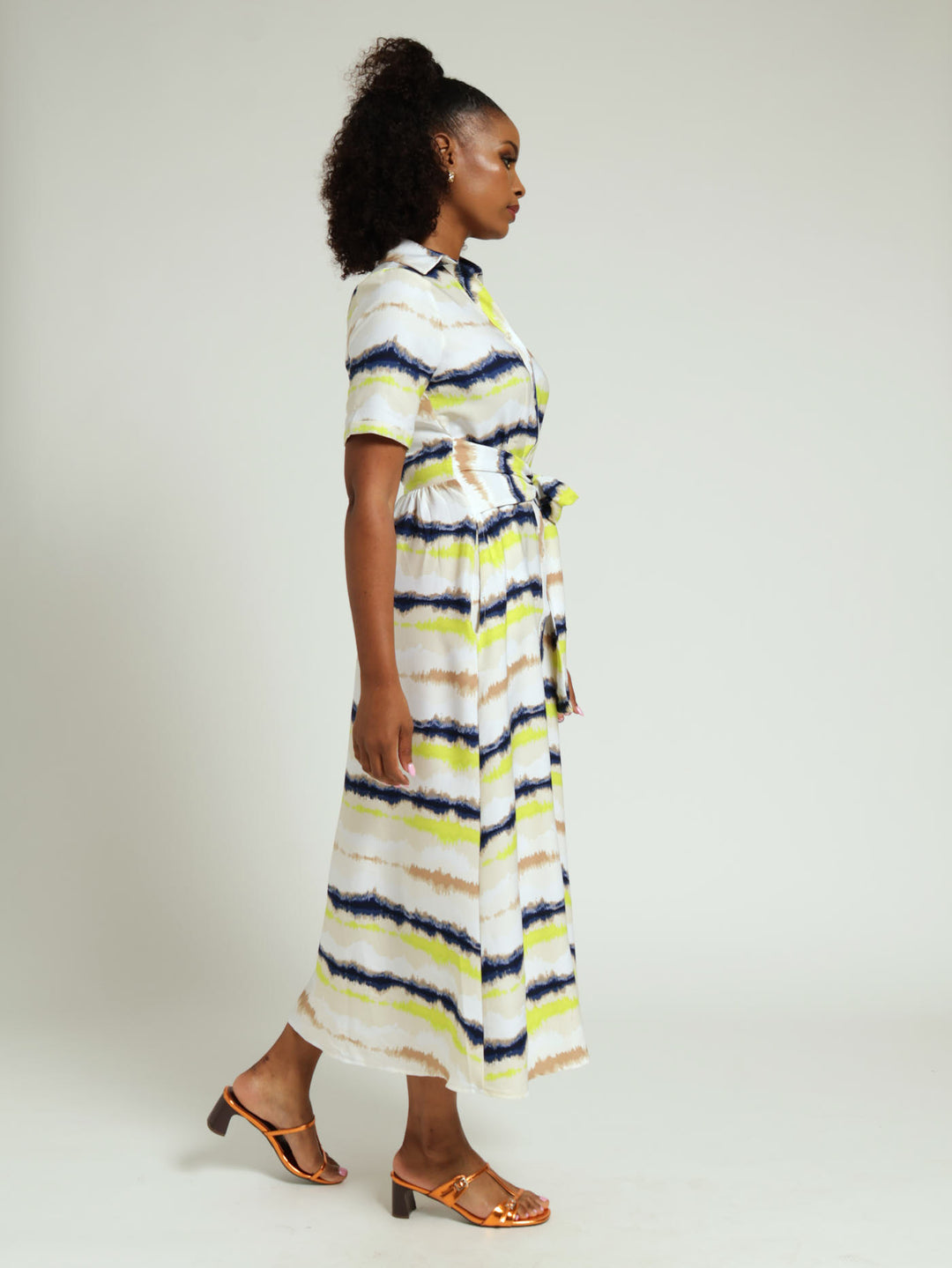 Fitted Belt Tie-Dye Shirt Maxi Dress