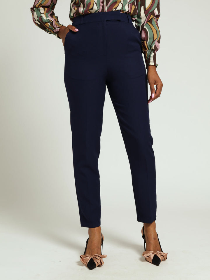 Button Tab Slim Leg Pants - Navy